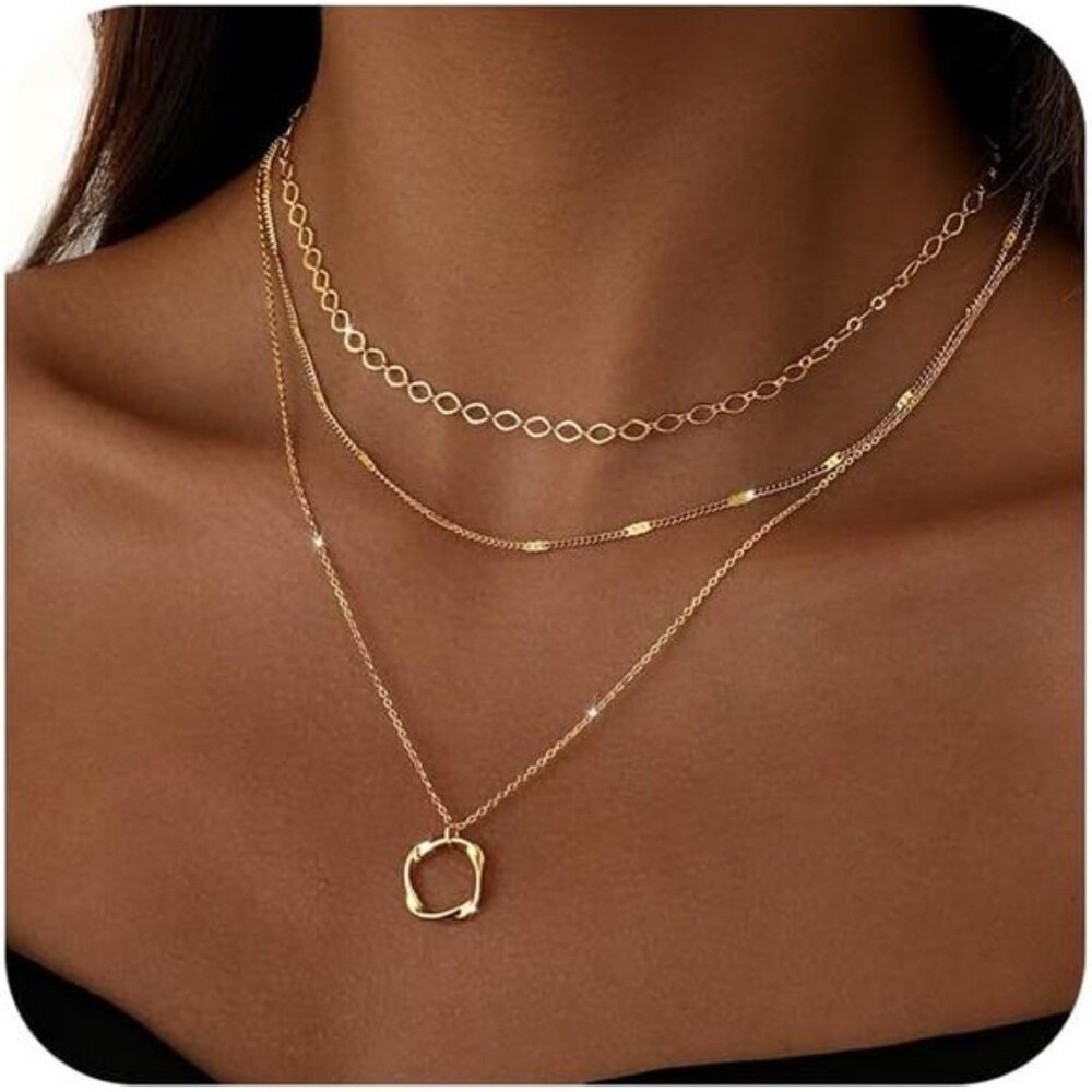 Gold Layered Necklace Set | Oval Paper Clip, Square Twisted Chain for Women.